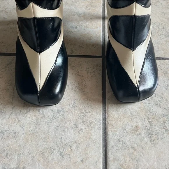 Black and Cream Faux Leather Knee High Calf Print Boots, Never Worn, sz 43